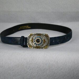 Chico's Blue Leather Belt Large Silver Leaf Chunky Buckle Size M Adjustable